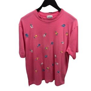 Vintage 90's BonWorth Women's Casual Pink Crew Neck Floral Embroidered Tee XL